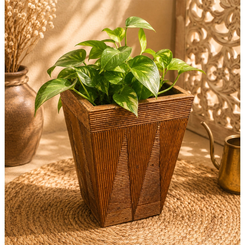 Vintage Handcrafted Wooden Planter  Flower Pot with Carved Linear Design - 2026083112UNQ
