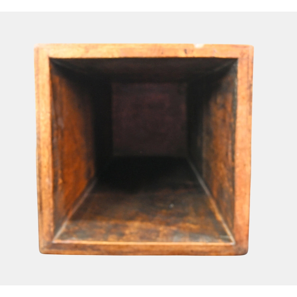 Handcrafted wooden flower pot holder, side view