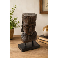 Hand-Carved Wooden Tribal Face Statue on Black Display Stand - 2026082803UNQ