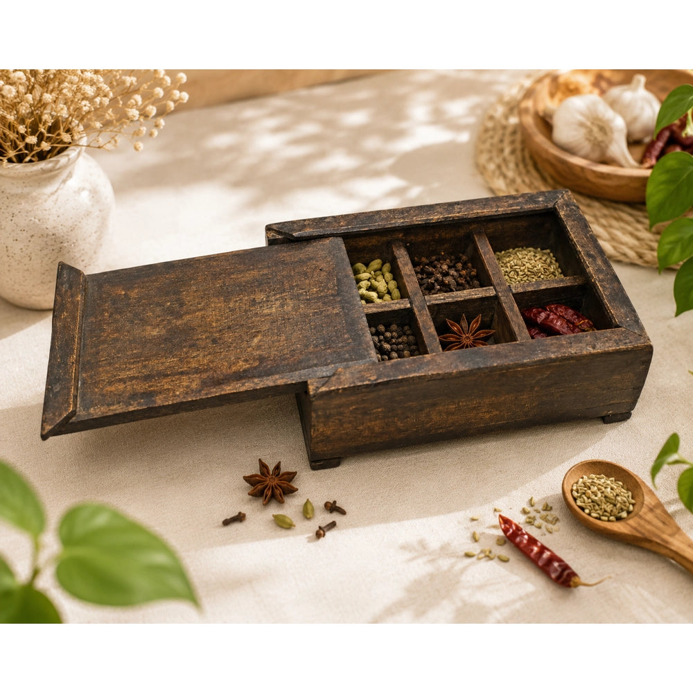 Handcrafted Vintage Wooden Spice Box – Rustic Antique Masala Organizer - 2026083106UNQ