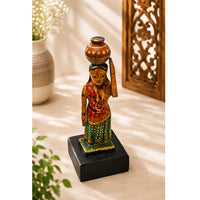 Handcrafted Wooden Rajasthani Woman with Water Pot – Traditional Folk Art - 2026082606UNQ