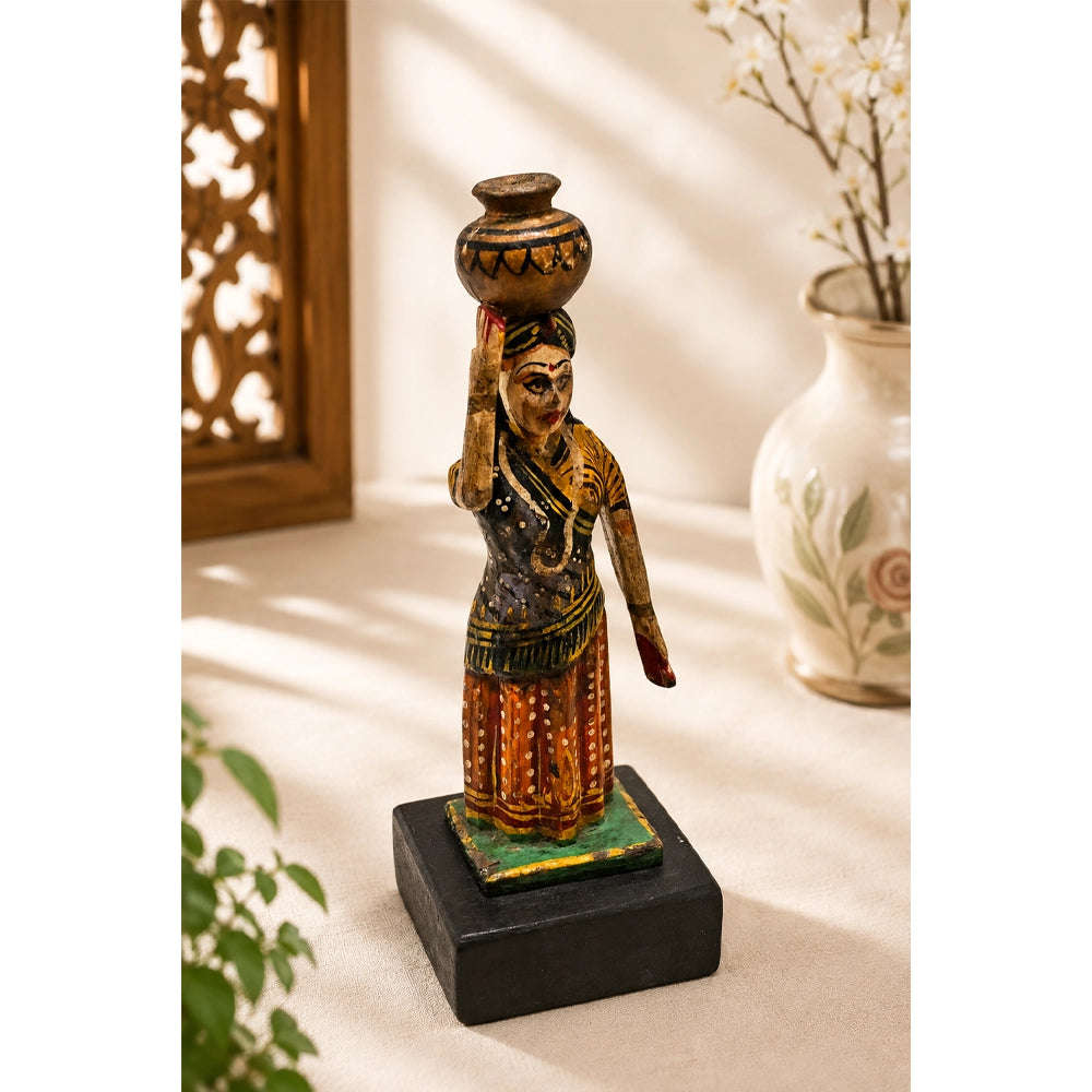 Handcrafted Wooden Rajasthani Woman Figurine with Traditional Folk Art - 2026082603UNQ
