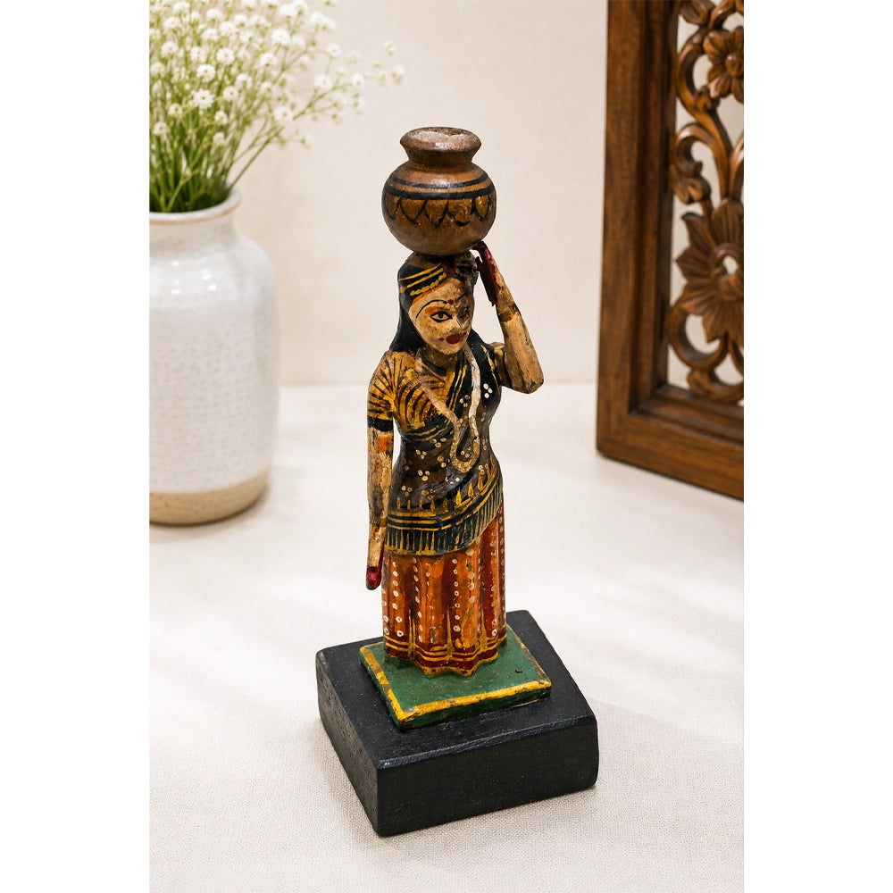 Handcrafted Wooden Rajasthani Woman with Water Pot – Traditional Folk Art - 2026082612UNQ