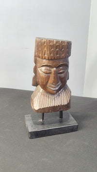 Hand-Carved Wooden Tribal Face Statue on Black Display Stand - 2026082803UNQ