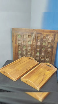 Handcrafted Wooden Serving Trays – Raised Edges & Handles, Set of 2 - 2026082210UNQ
