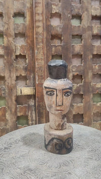 Hand-Carved Whitewashed Wooden Face Sculpture - 2026081246UNQ