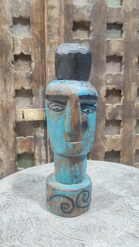 Hand-Carved Turquoise Painted Wooden Face Sculpture - 2026081222UNQ