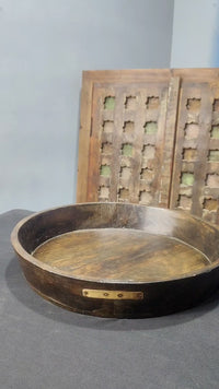 Vintage Handcrafted Wooden Serving Tray – Rustic Round Bowl with Brass Accents - 2026082007UNQ