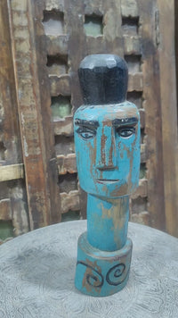 Hand-Carved Turquoise Painted Wooden Face Sculpture - 2026081224UNQ