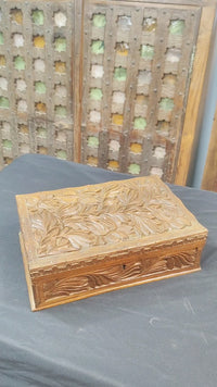 Hand-Carved Wooden Storage Box with Floral Carvings & Key Lock - 2026081810UNQ