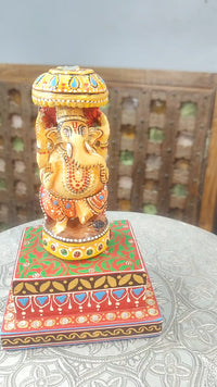 Handcrafted Wooden  Ganesha Statue with Umbrella & Decorative Base - 2026081806UNQ