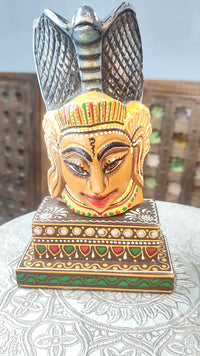 Fine Handcrafted Wooden Nag Devta Face Idol with Sheshnag Hood & Decorative Base - 2026081807UNQ