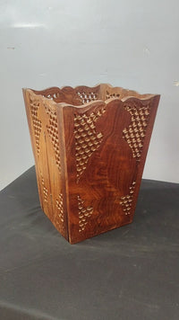 Vintage Handcrafted Wooden Planter – Intricate Jaali Carved Plant Holder - 2026083113UNQ