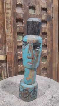 Hand-Carved Turquoise Painted Wooden Face Sculpture - 2026081226UNQ