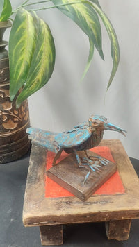 Fine Art workd Iron Bird Decorative Bird Figurine on Wooden Base  Blue Antique Finish - 2026091801BAF