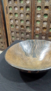 Handcrafted Wooden Decorative Bowl – Black & Brown Wave Pattern Antique Finish - 2026081902UNQ