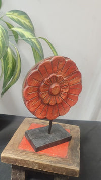 Handcrafted Wooden Decorative Floral Medallion on Stand – Carved Petal Design with Antique Red Finish - 2026091809UNQ