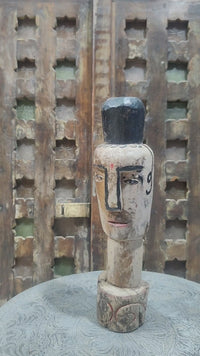 Hand-Carved Rustic Whitewashed Wooden Face Sculpture - 2026081229UNQ