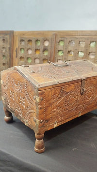 Handcrafted Vintage Wooden Treasure Chest Box with Brass Fittings & Curved Lid - 2026081811UNQ