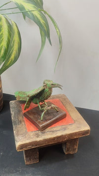 Fine Art worked Iron Bird Decorative Bird Figurine on Wooden Base Green Antique Finish  - 2026091801GAF