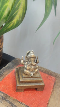 Vintage Handcrafted Brass Lord Ganesha Sculpture on Wooden Bajot Base - 2026091915UNQ