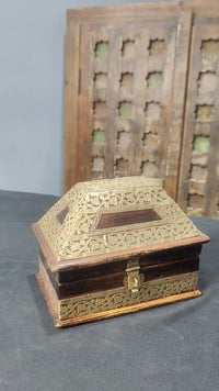 Handcrafted Antique Wooden Storage Box – Ornate Brass Inlay Design - 2026082004UNQ