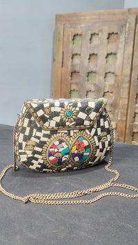 Handcrafted Vintage Mosaic Clutch – Black & White Embroidered Crossbody Bag - 2026082009UNQ