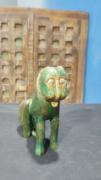 Vintage Handcrafted Wooden Dog Figurine – Rustic Green Antique Finish - 2026082001UNQ