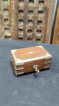 Handcrafted Wooden Storage Box with Brass Detailing & Antique Key Lock - 2026081907UNQ