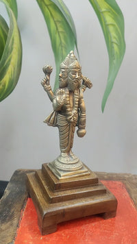Vintage Handcrafted Brass Lord  Four-Faced Brahma Ji Sculpture on Wooden Bajot Base - 2026091910UNQ