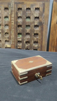 Handcrafted Wooden Jewelry & Keepsake Storage Box – Vintage Brass Inlay with Key Lock - 2026081906UNQ