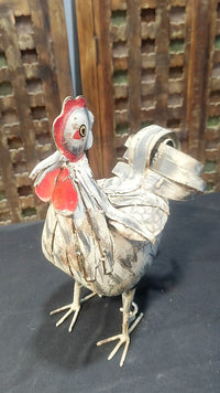 Handcrafted Iron Rooster Figurine – White & Red  Rust Antique Finish -