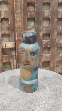 Vintage Handcrafted Turquoise & Walnut Wooden Face Sculpture - 2026081248UNQ