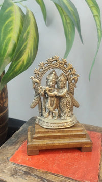 Vintage Handcrafted Brass Radha Krishna Statue with Flute on Wooden Bajot Base - 2026091909UNQ