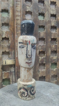 Hand-Carved Whitewashed Wooden Face Sculpture - 2026081227UNQ