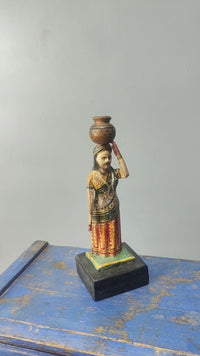 Handcrafted Wooden Rajasthani Woman with Water Pot – Traditional Folk Art - 2026082612UNQ