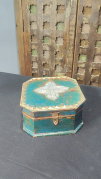 Vintage Handcrafted Wooden Octogonal Jewellery Box with Brass and MOP Decoration - 2026082201UNQ