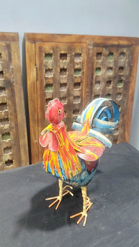 Handcrafted Iron Rooster Figurine – Orange & Blue  Rust Antique Finish - 2026081901OBR