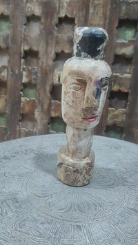 Hand-Carved Rustic Whitewashed Wooden Face Sculpture - 2026081235UNQ