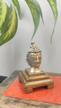 Vintage Handcrafted Brass Meditating Buddha Bust with Detailed Crown on Wooden Bajot Base - 2026091919UNQ