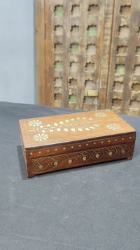Vintage Handcrafted Wooden Storage Box – Floral Brass Inlay Design - 2026082003UNQ