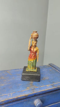 Handcrafted Wooden Rajasthani Woman with Matka – Traditional Folk Art - 2026082613UNQ