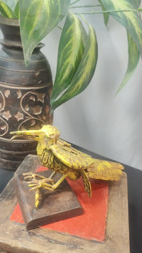 Fine Artworked  Iron Bird Decorative Bird Figurine on Wooden Base Yellow Antique Finish  - 2026091801YAF