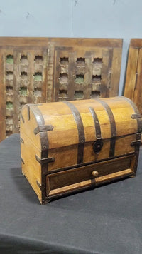 Handcrafted Wooden Trunk Storage Box – Vintage Iron Strap Design with Drawer - 2026081912UNQ