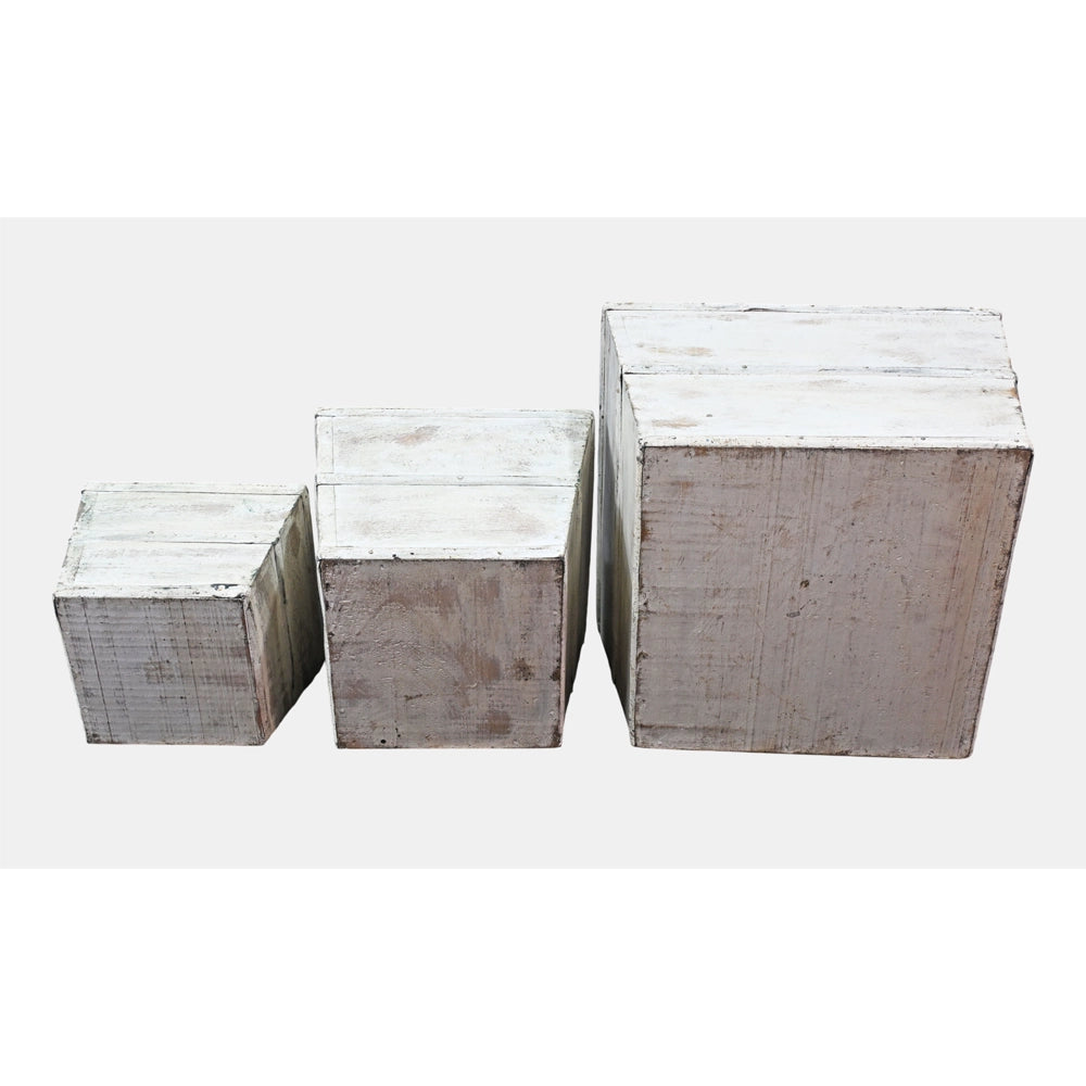 Whitewashed wooden planter set with distressed finish, angled view