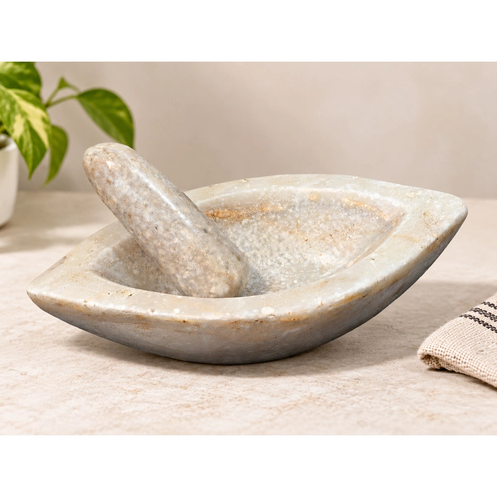 Antique Handcrafted White Marble Grinding Bowl called Karal With Mortar - 2026091101UNQ