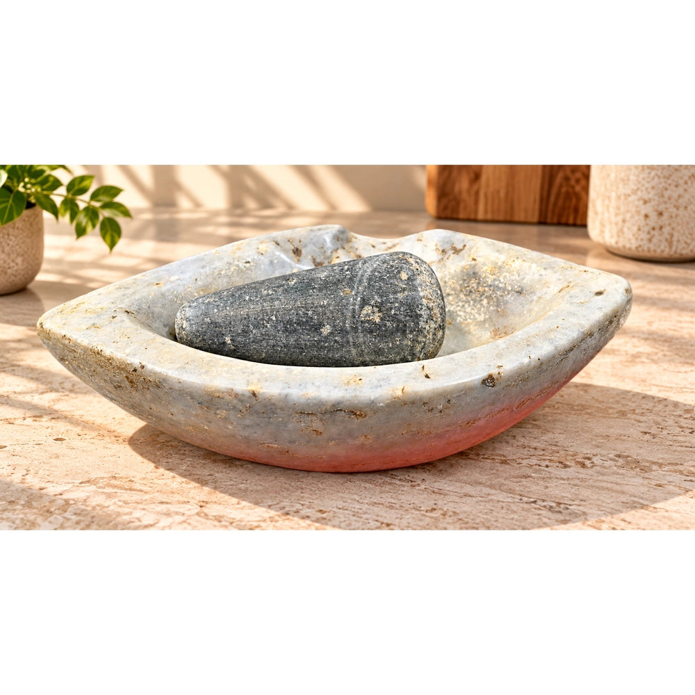 Antique Handicrafted White Marble Grinding Bowl called Karal With Mortar - 2026091124UNQ