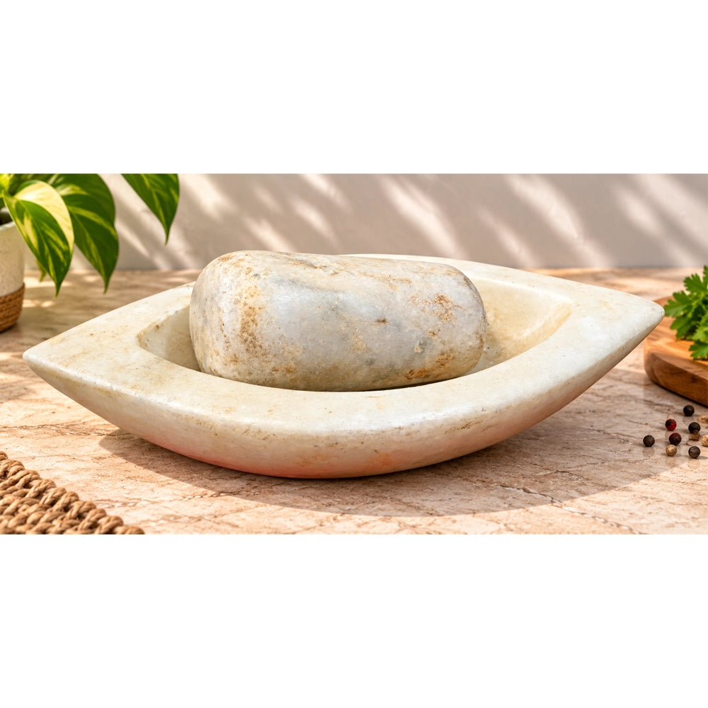 Antique Handicrafted White Marble Grinding Bowl called Karal With Mortar- 2026091115UNQ