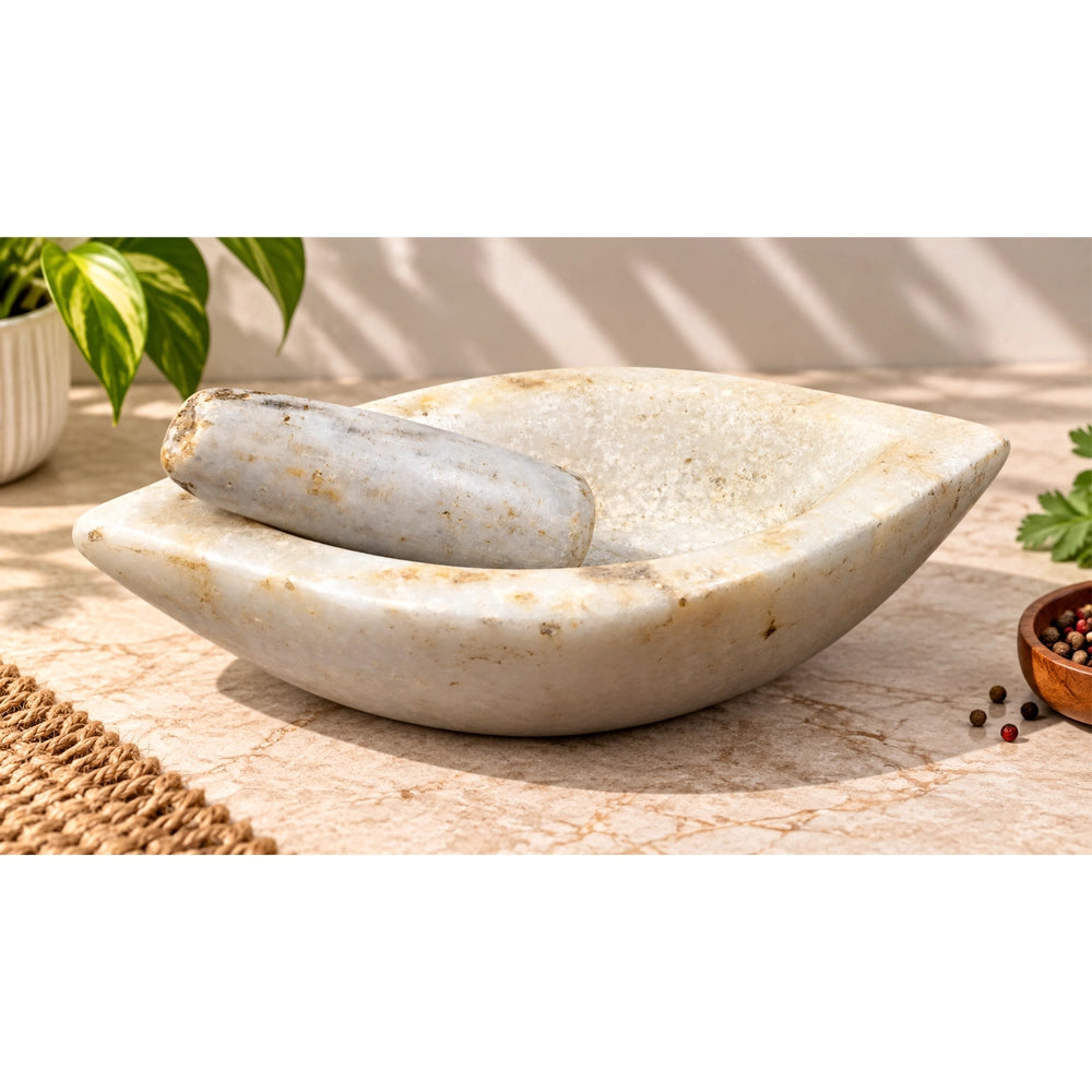 Antique Handicrafted White Marble Grinding Bowl called Karal With Mortar - 2026091112UNQ