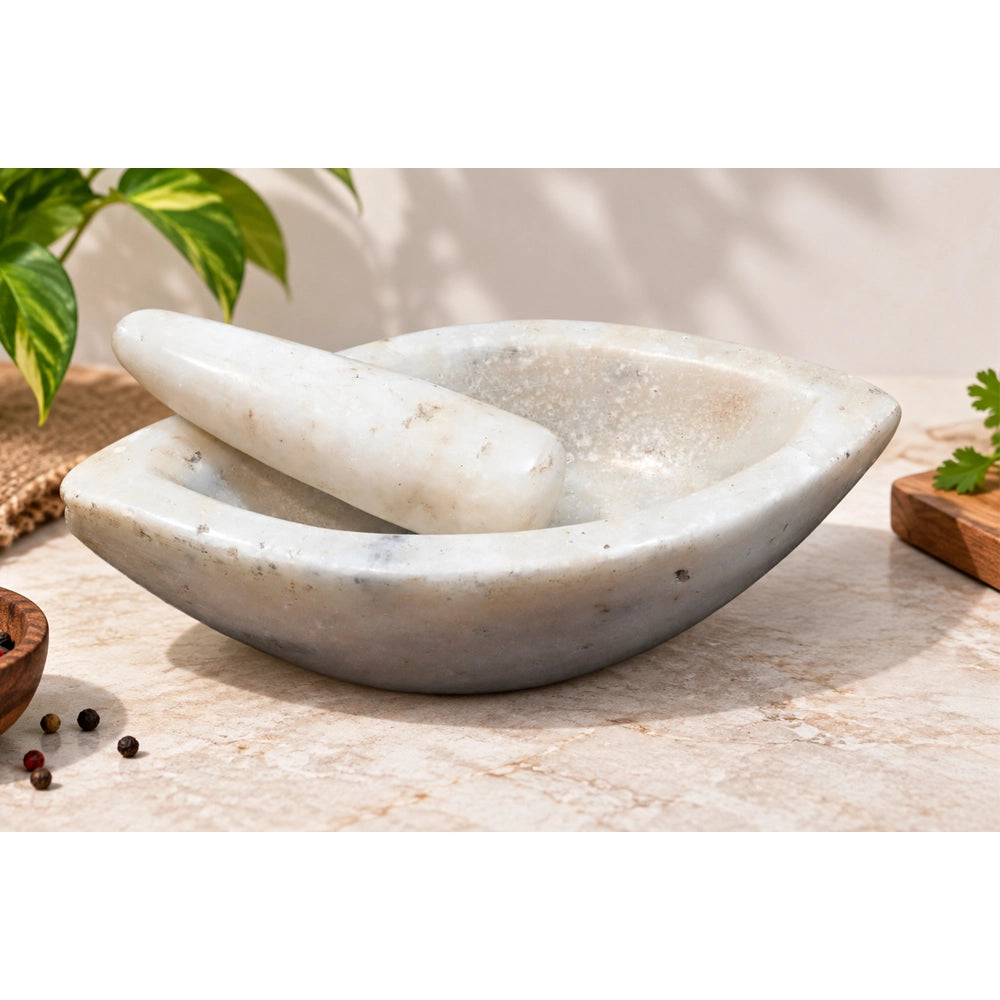 Antique  Handicrafted White Marble Grinding Bowl called Karal With Mortar - 2026091103UNQ